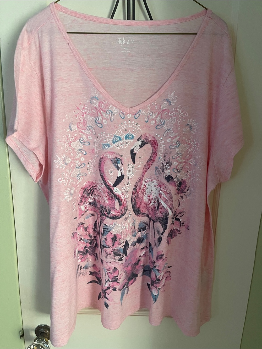 Style & Co. Pink V-Neck Flamingo Floral Tee